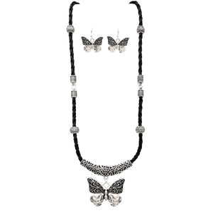 Silver Butterfly Rope Necklace Earrings Set