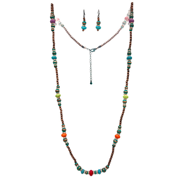 Long Navajo Crystal Bead Necklace Earrings Set