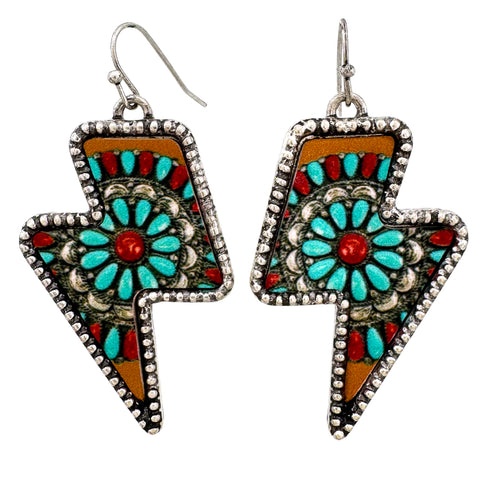 Tooled Leather Western Concho Lightning Bolt Metal Earrings