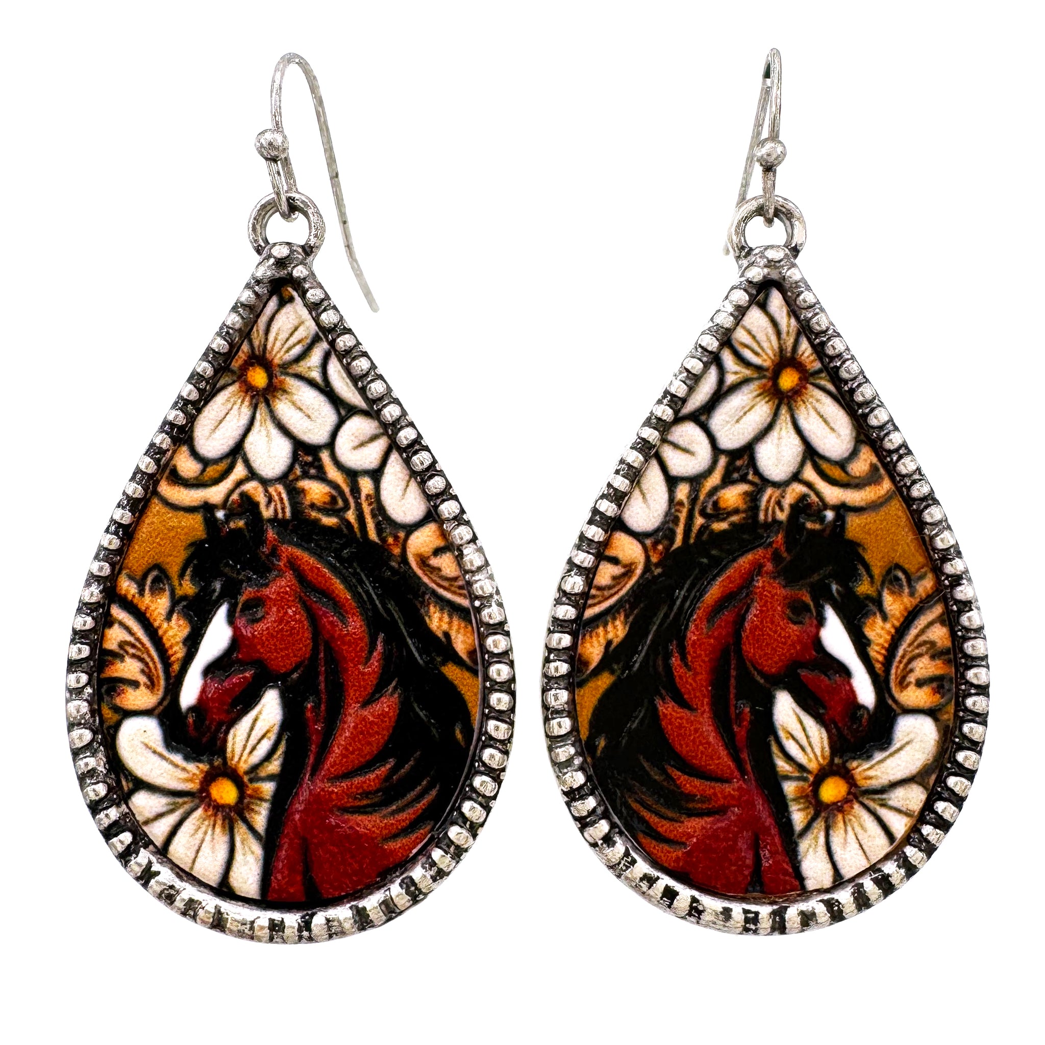 Tooled Leather Horse Teardrop Metal Earrings