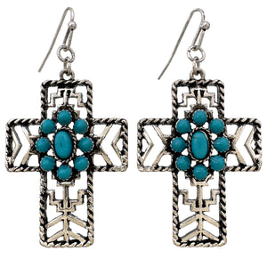 Turquoise Cross Metal Geometric Outline Earrings