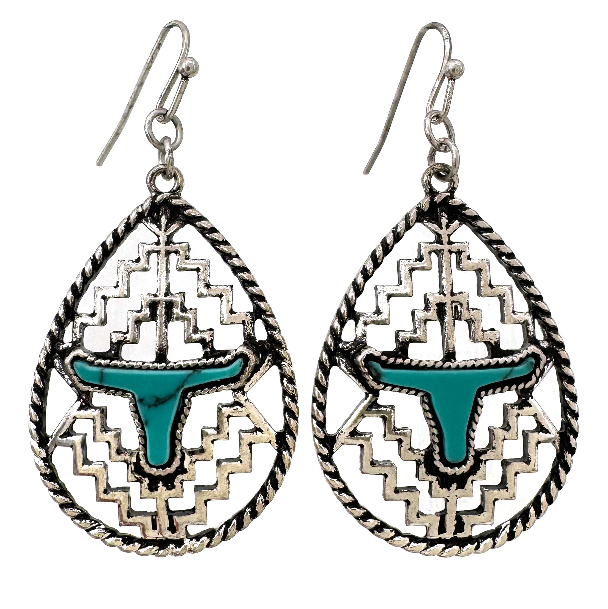 Turquoise Longhorn Teardrop Metal Geometric Outline Earrings