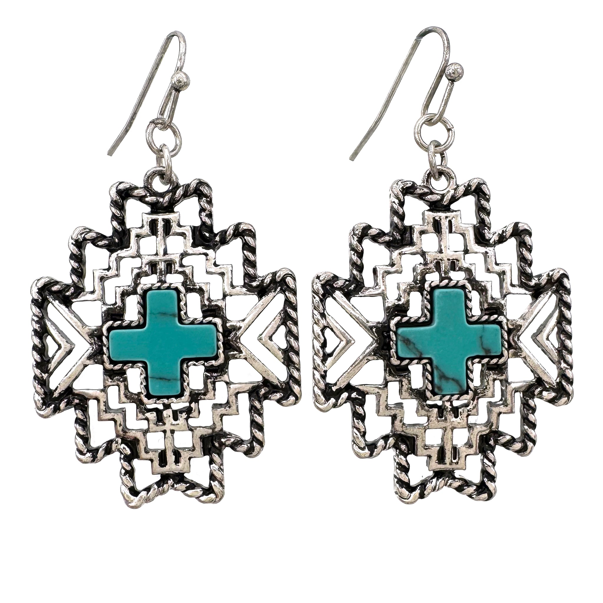 Turquoise Stones Metal Native Geometric Outline Earrings