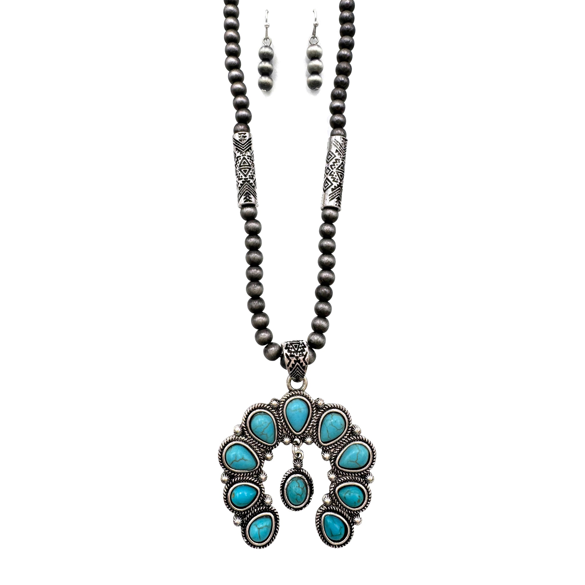 Turquoise Squash Blossom Navajo Necklace Earrings Set