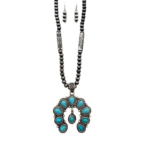 Turquoise Squash Blossom Navajo Necklace Earrings Set