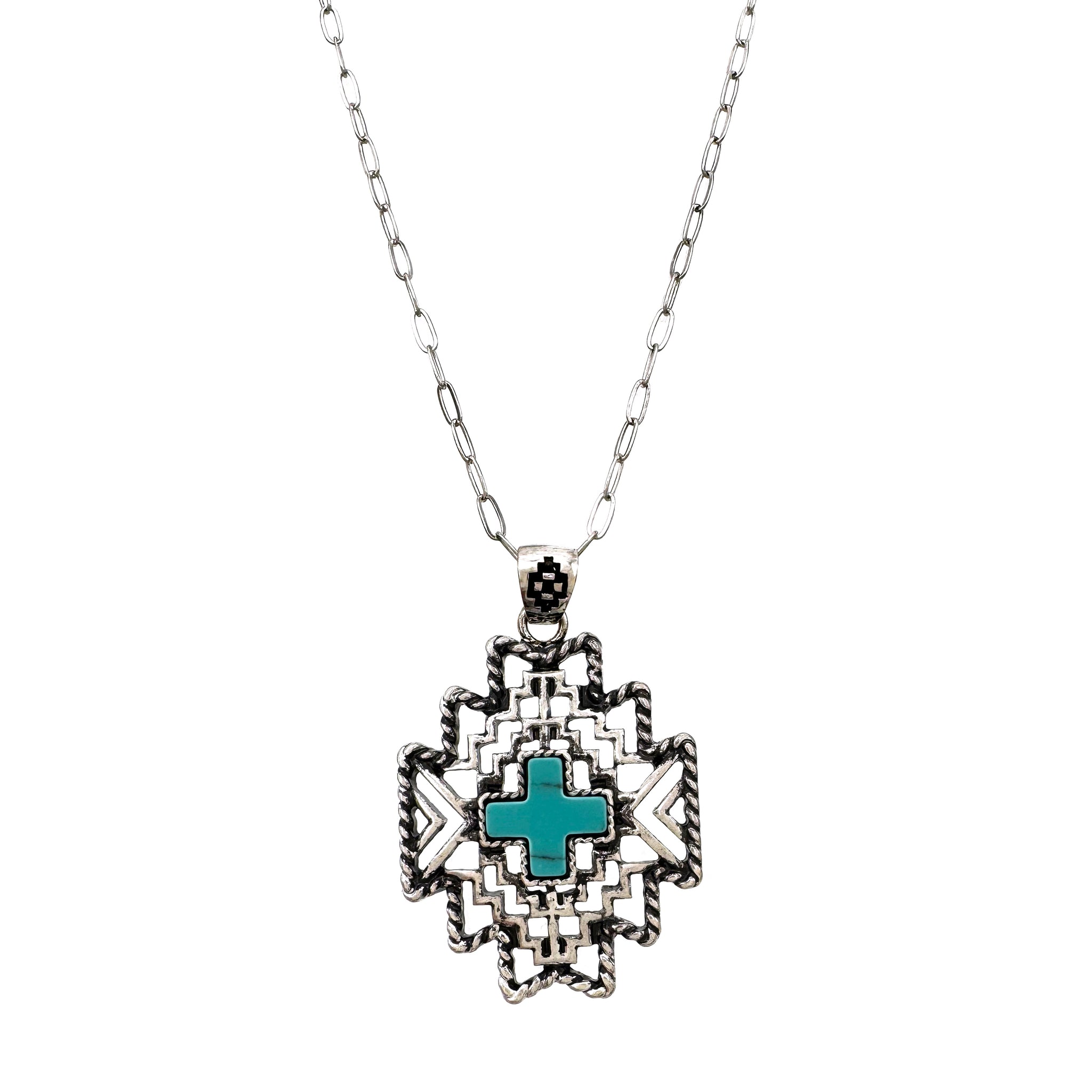 Turquoise Stones Metal Native Geometric Outline Necklace