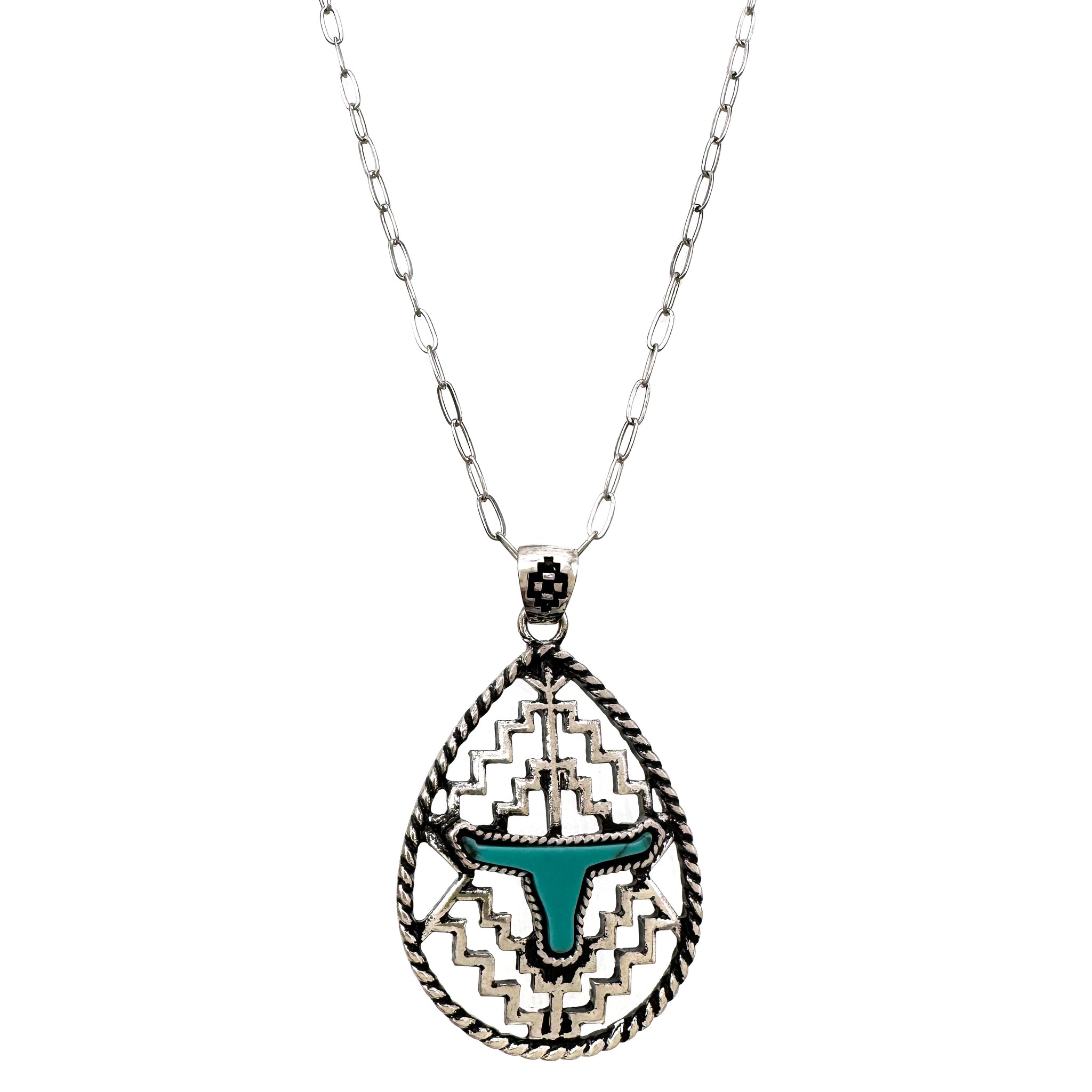 Turquoise Longhorn Teardrop Metal Geometric Outline Necklace