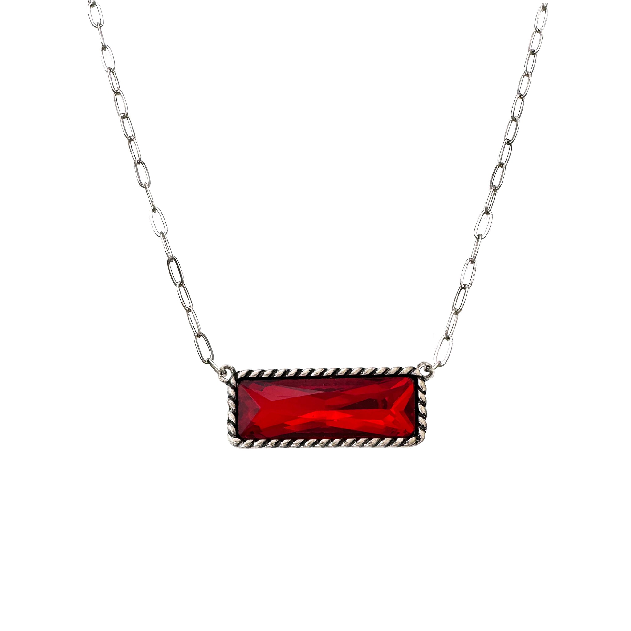 Ruby Red Glass Crystal Metal Bar Necklace