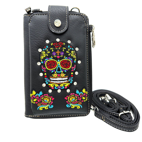 Sugar Skull Floral Embroidery Crossbody Phone Wallet