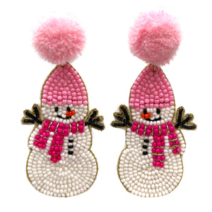 Christmas Pink Snowman Pom Pom Seed Bead Earrings