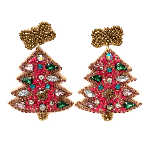 Pink Christmas Tree Rhinestone Jewel Ribbon Seed Bead Earrings