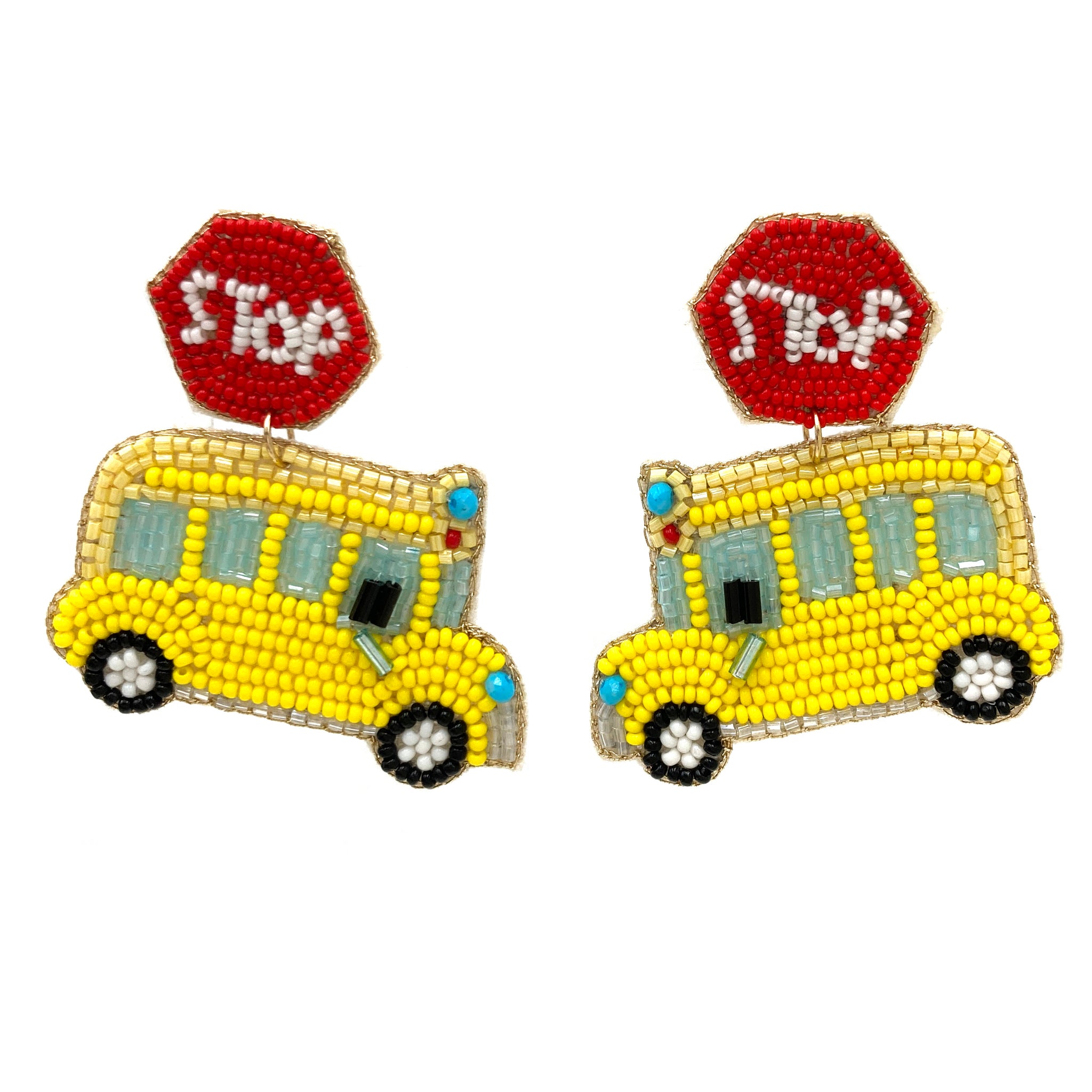 Yellow School Bus Stop Sign Seed Bead Earrings