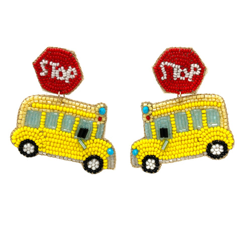 Yellow School Bus Stop Sign Seed Bead Earrings