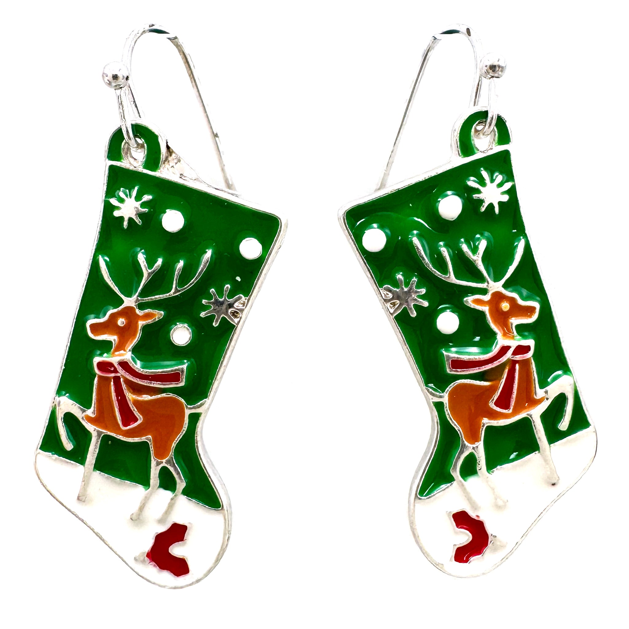 Christmas Stocking Reindeer Green Earrings