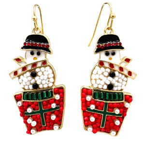 Christmas Snowman Gift Box Bead Metal Earrings