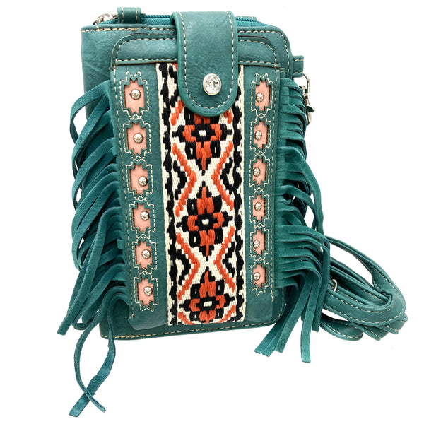 Aztec Tribal Print Fringe Crossbody Western Phone Wallet