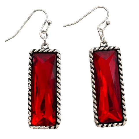 Ruby Red Glass Crystal Metal Bar Earrings