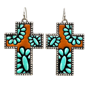 Tooled Leather Cross Turquoise Concho Metal Earrings