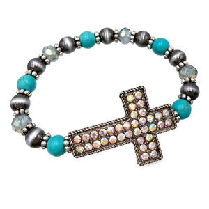 AB Rhinestone Cross Turquoise Navajo Beads Stretch Bracelet