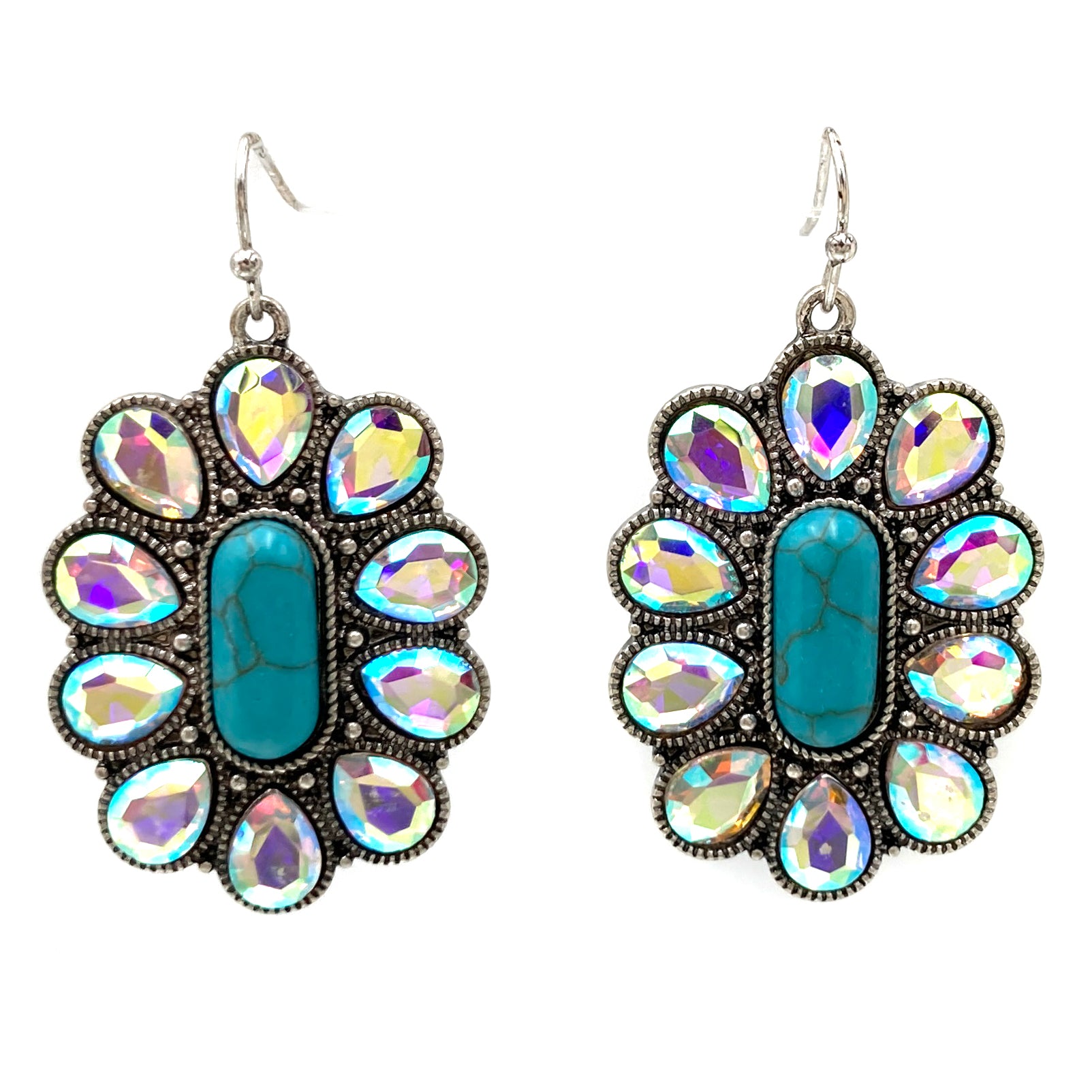 AB Crystal Flower Turquoise Cabochon Earrings