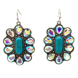 AB Crystal Flower Turquoise Cabochon Earrings