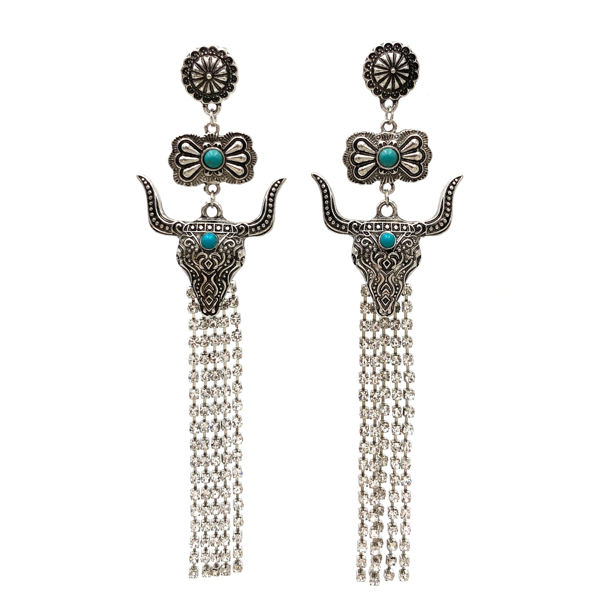 Bohemian Longhorn Rhinestone Tassel Earrings