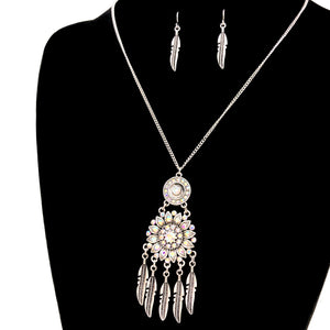 Silver AB Rhinestone Flower Feather Bohemian Pendant Necklace Set