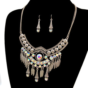 Silver AB Rhinestone Feather Bohemian Princess Necklace Set