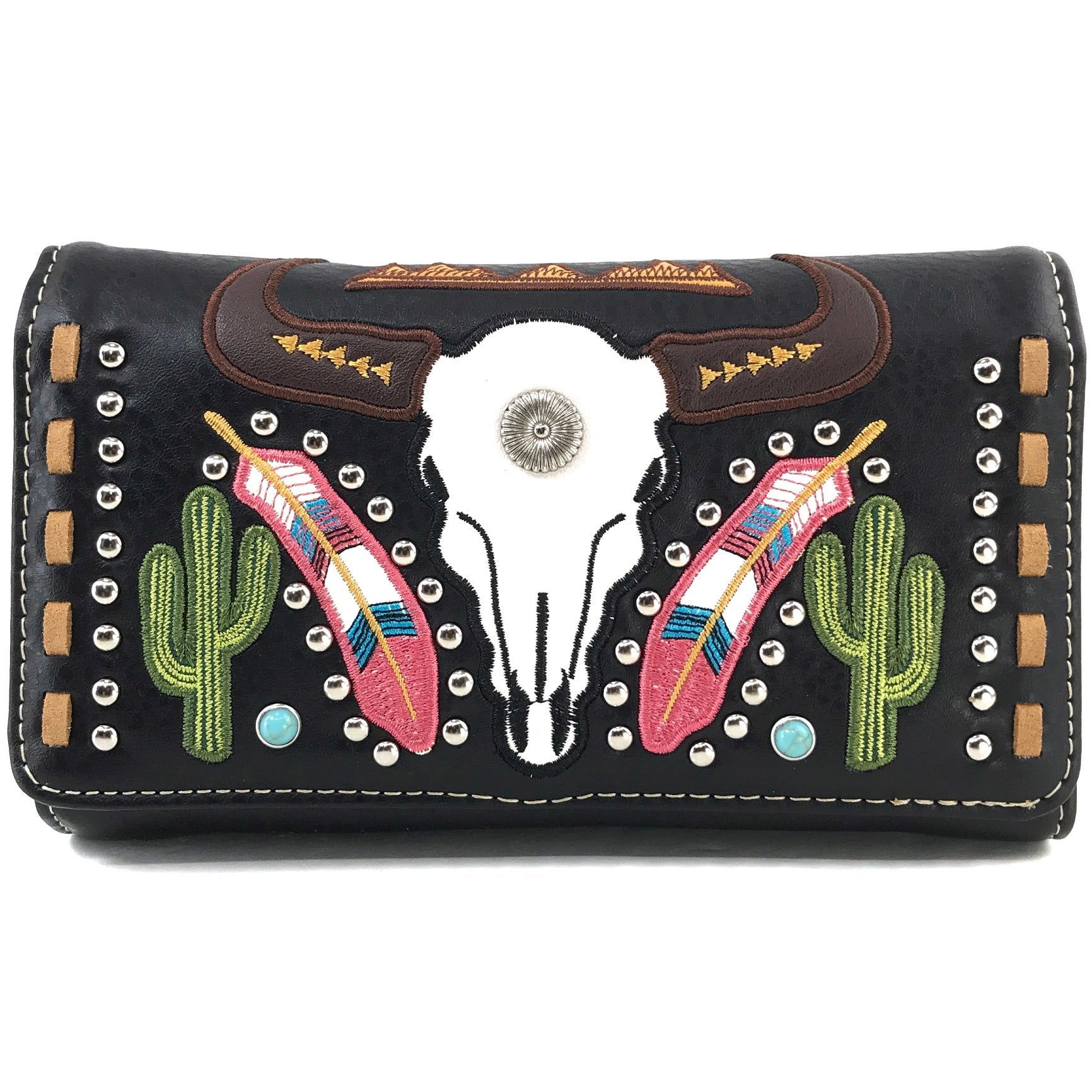 Longhorn Feather Cactus Embroidery Crossbody Wallet