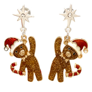 Teddy Bear Santa Hat Candy Cane Christmas Earrings