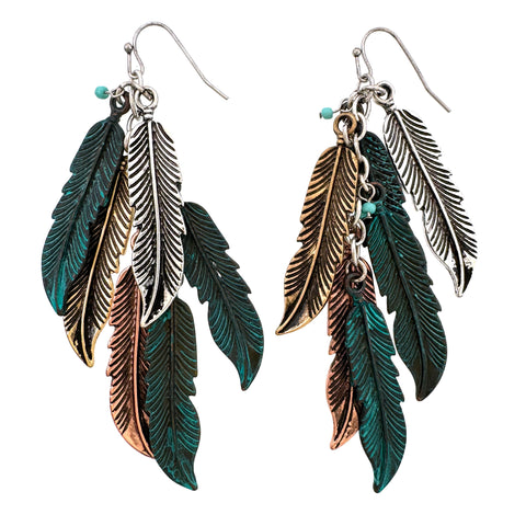 Feather Cluster Bohemian Tricolor Patina Metal Earrings