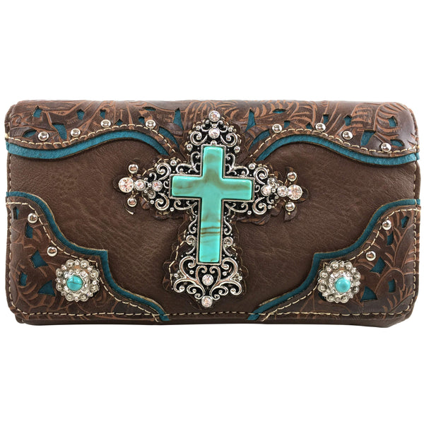 Turquoise Cross Pu Leather Western Crossbody Wallet