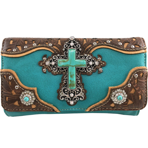 Turquoise Cross Pu Leather Western Crossbody Wallet