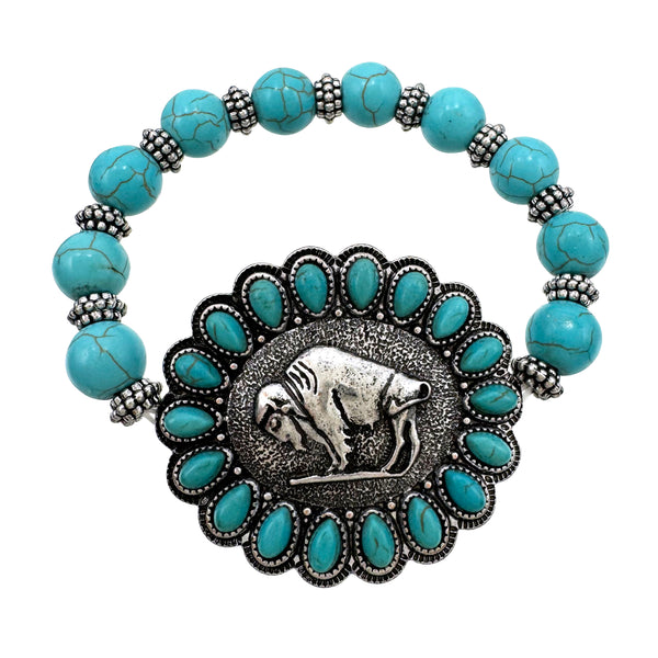 Buffalo Icon Turquoise Bead Stretch Bracelet