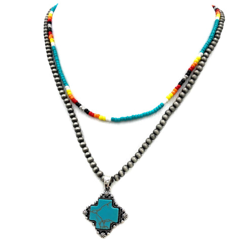 Turquoise Bead Navajo Cross Pendant Necklace
