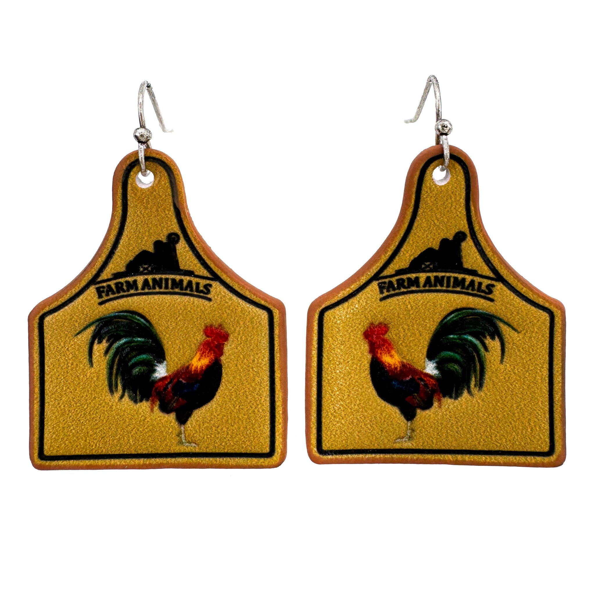 Rooster Leather Cow Tag Farm Animal Earrings