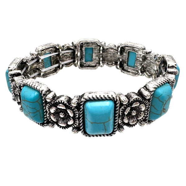 Crystal Turquoise Navajo Flower Silver Stretch Bracelet