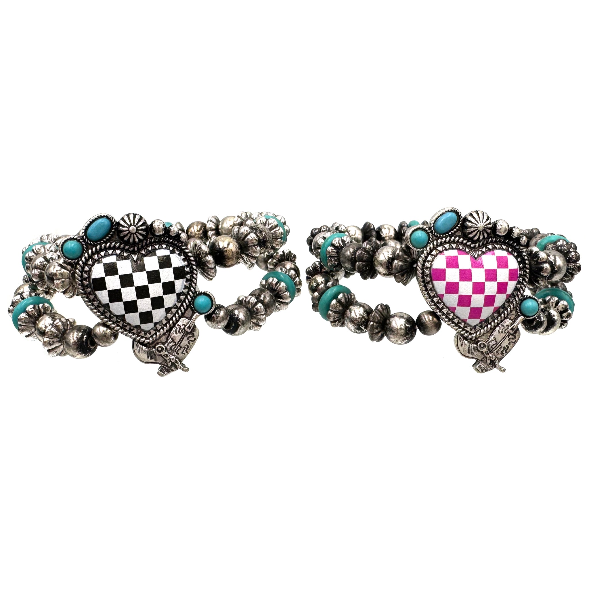 Checkered Print Western Heart Bead Bracelet