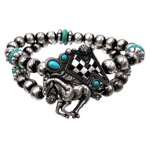 Checkered Print Western Lightning Bolt Horse Bead Bracelet