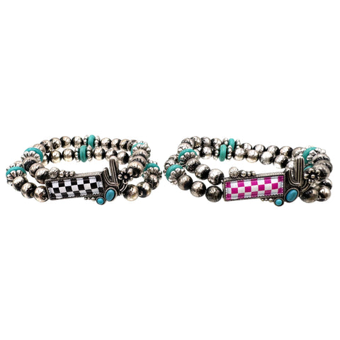 Checkered Print Western Cactus Flower Bead Bracelet