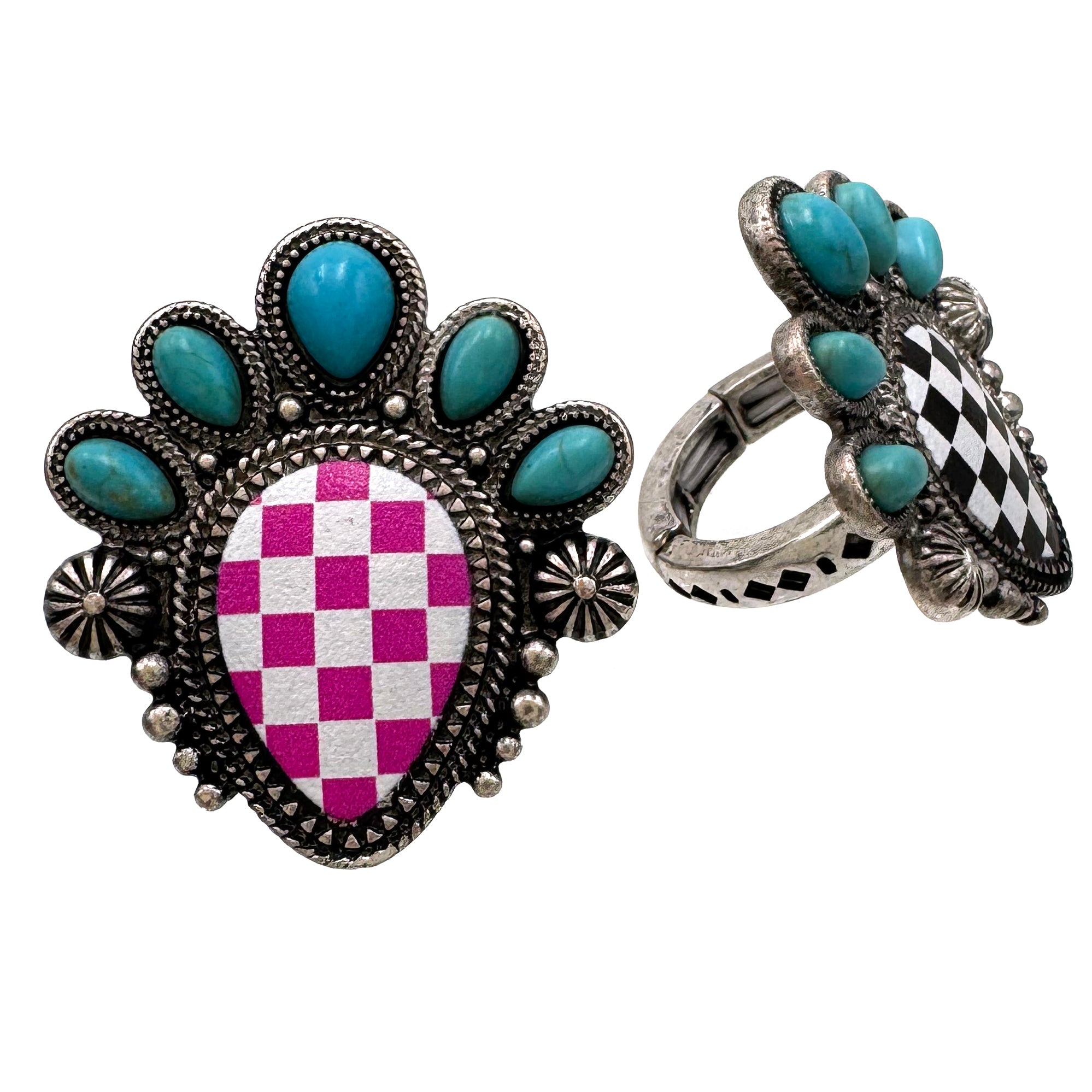 Checkered Print Western Teardrop Flower Stretch Ring