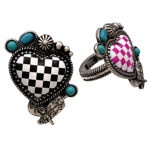 Checkered Print Western Heart Stretch Ring