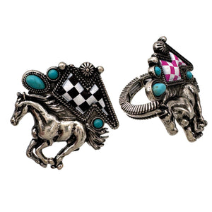 Checkered Print Western Lightning Bolt Horse Stretch Ring