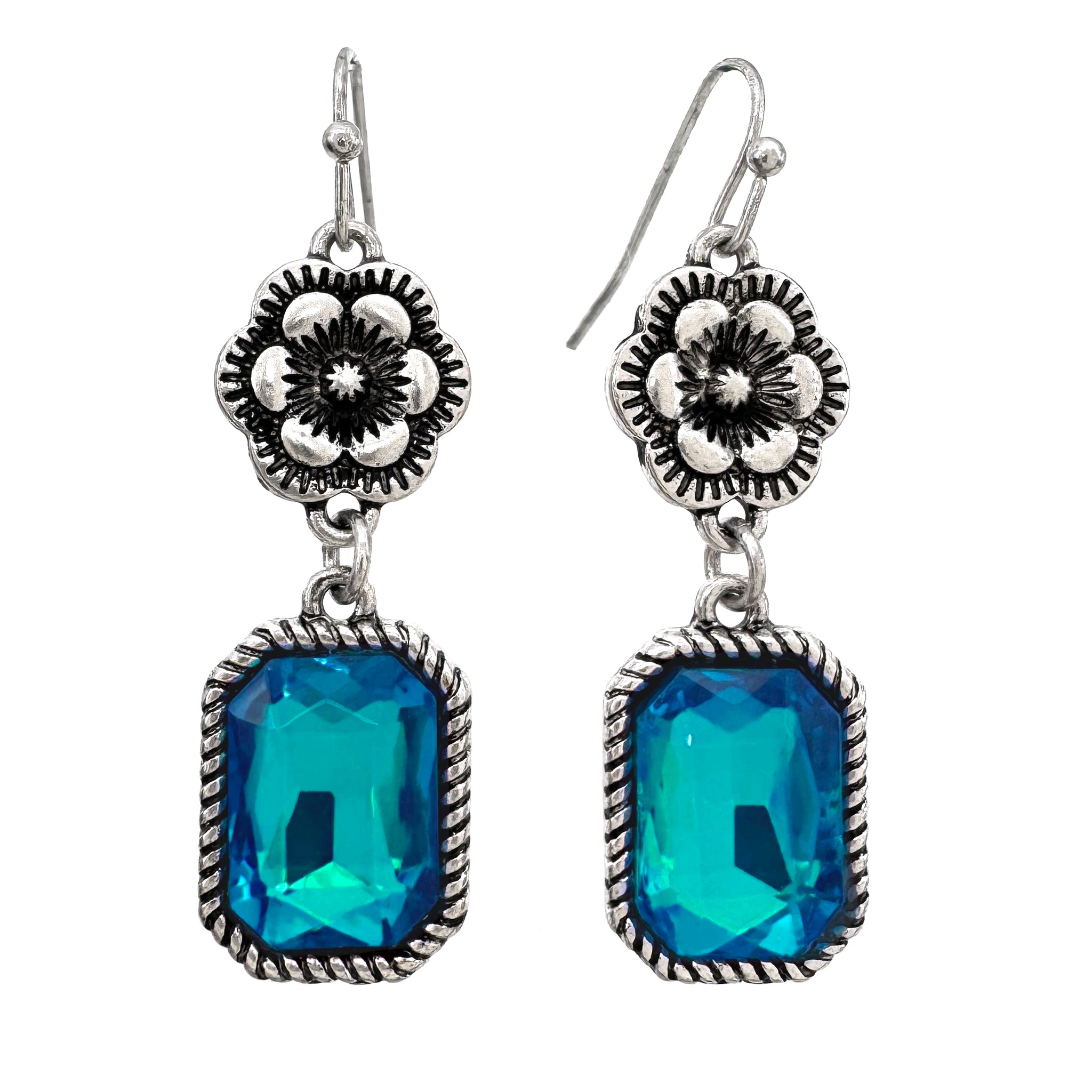 Crystal Turquoise Navajo Flower Silver Earrings