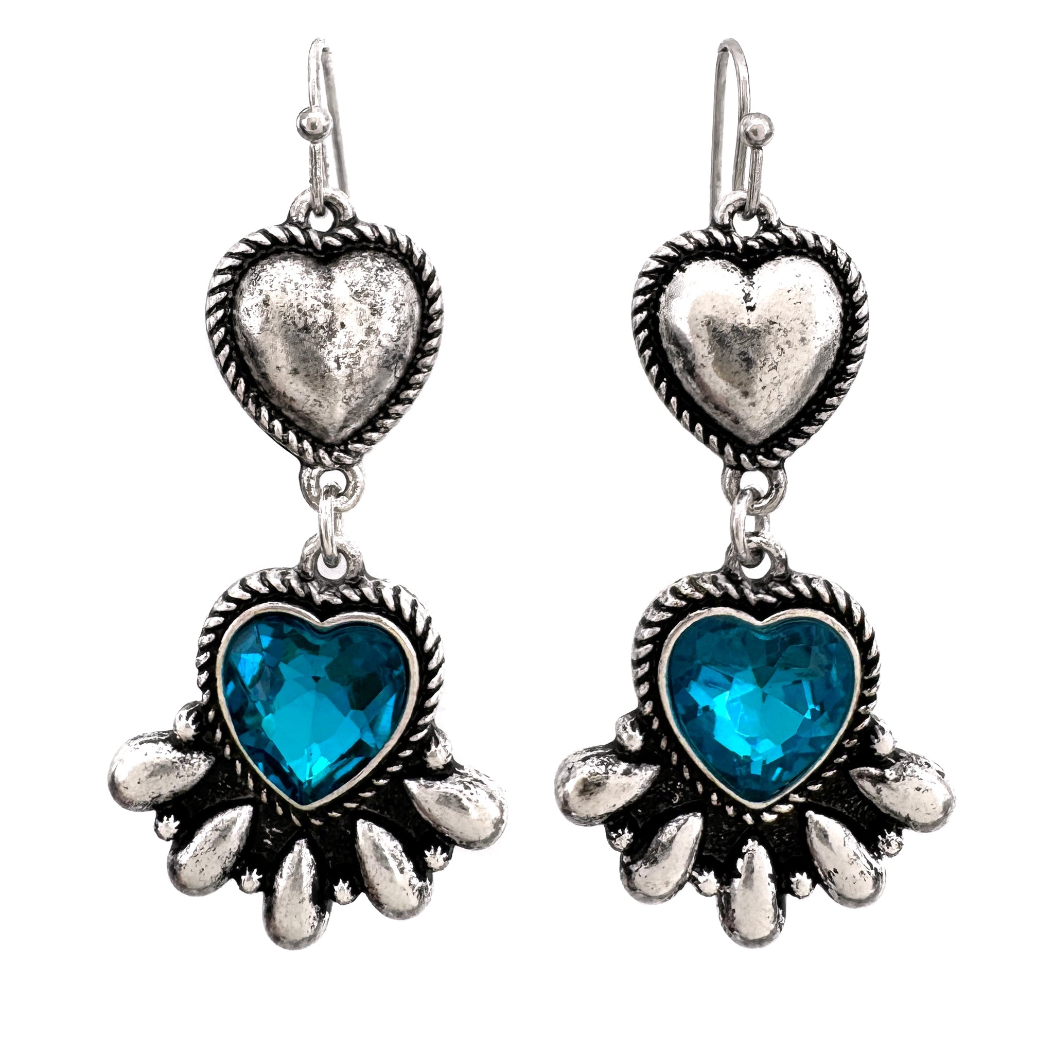 Crystal Turquoise Navajo Heart Blossom Silver Earrings