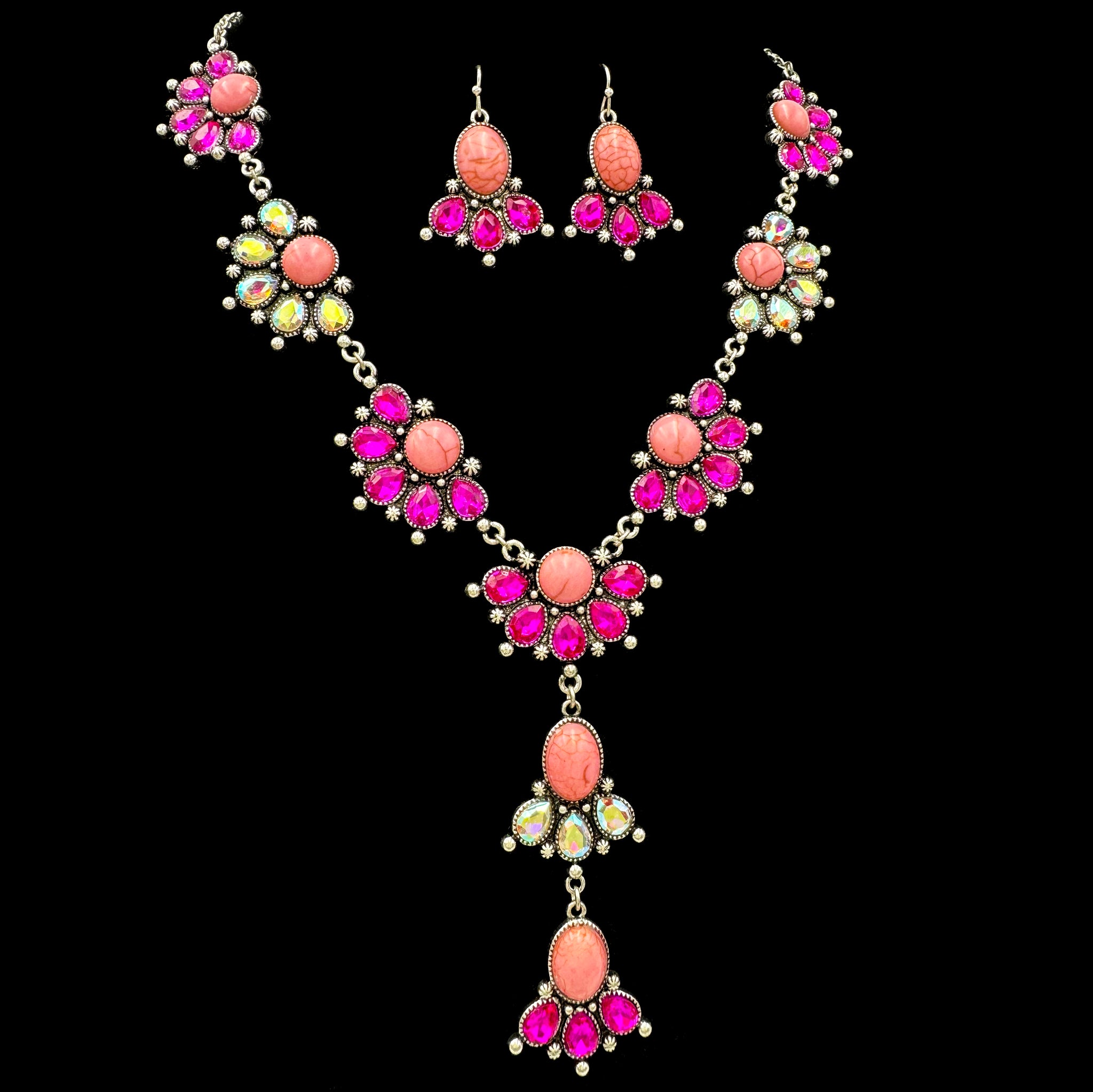 Crystal Rhinestone Stone Blossom Navajo Necklace Earrings Set