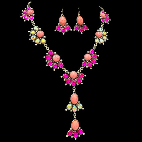 Crystal Rhinestone Stone Blossom Navajo Necklace Earrings Set