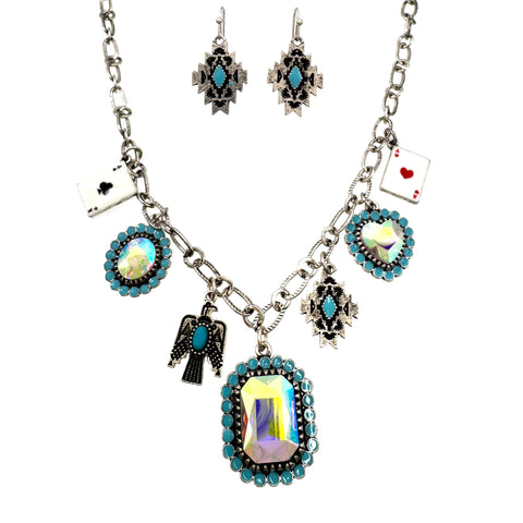 Western Turquoise Crystal Necklace Earrings Set with Poker Cards