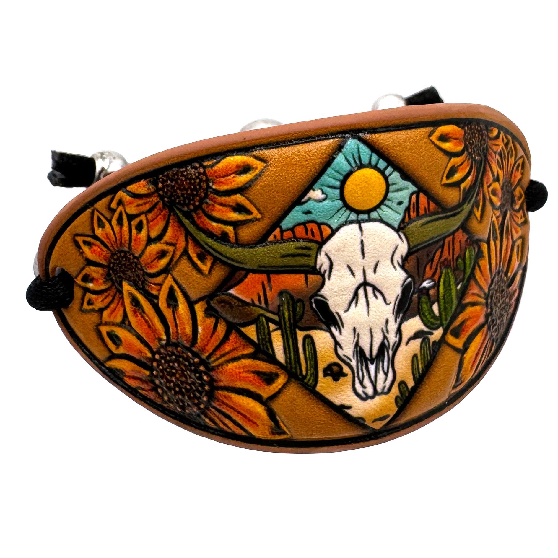 Western Longhorn Skull Leather Carved Cuff Bracelet