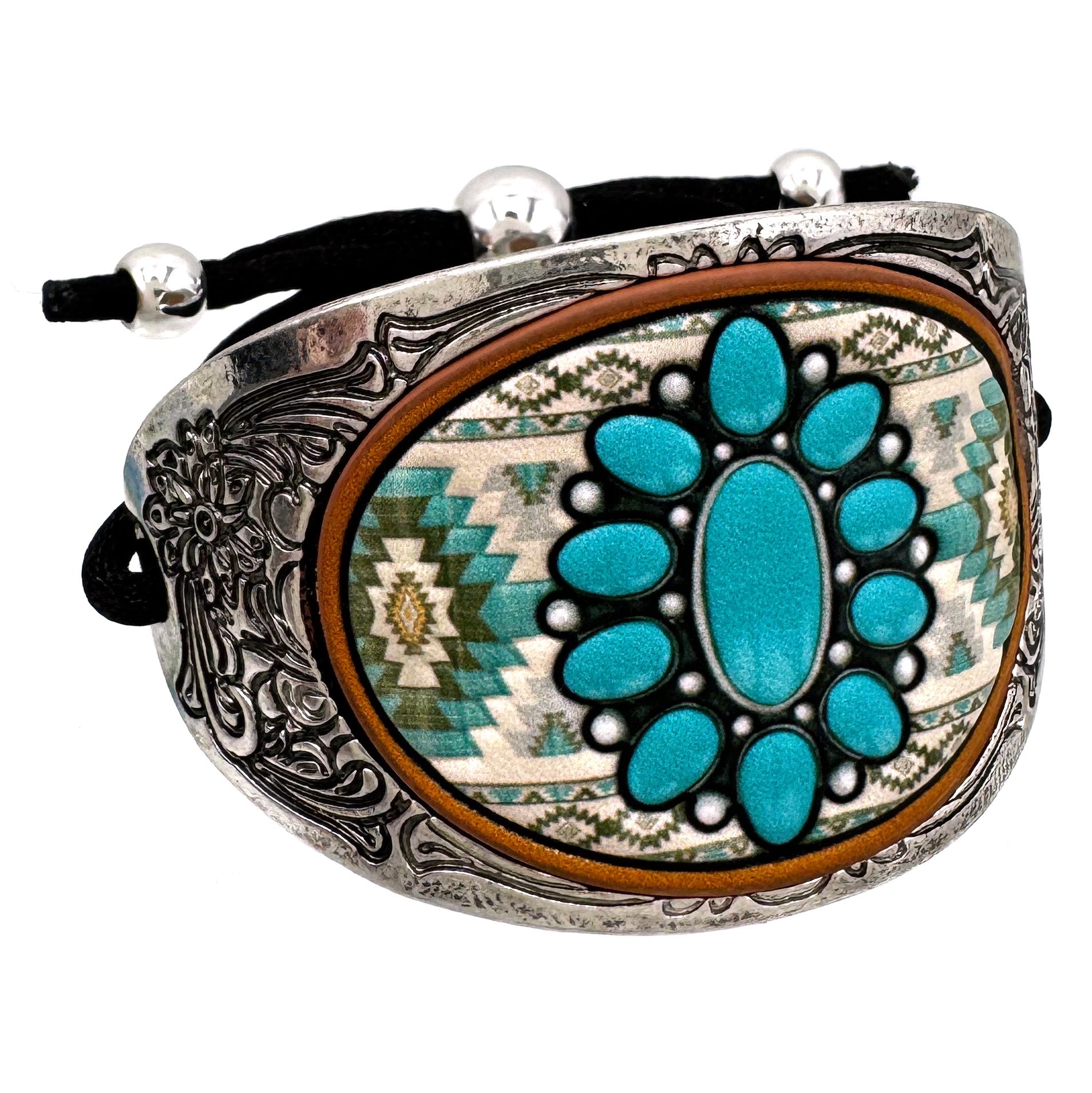 Western Aztec Turquoise Concho Leather Carved Cuff Metal Bracelet